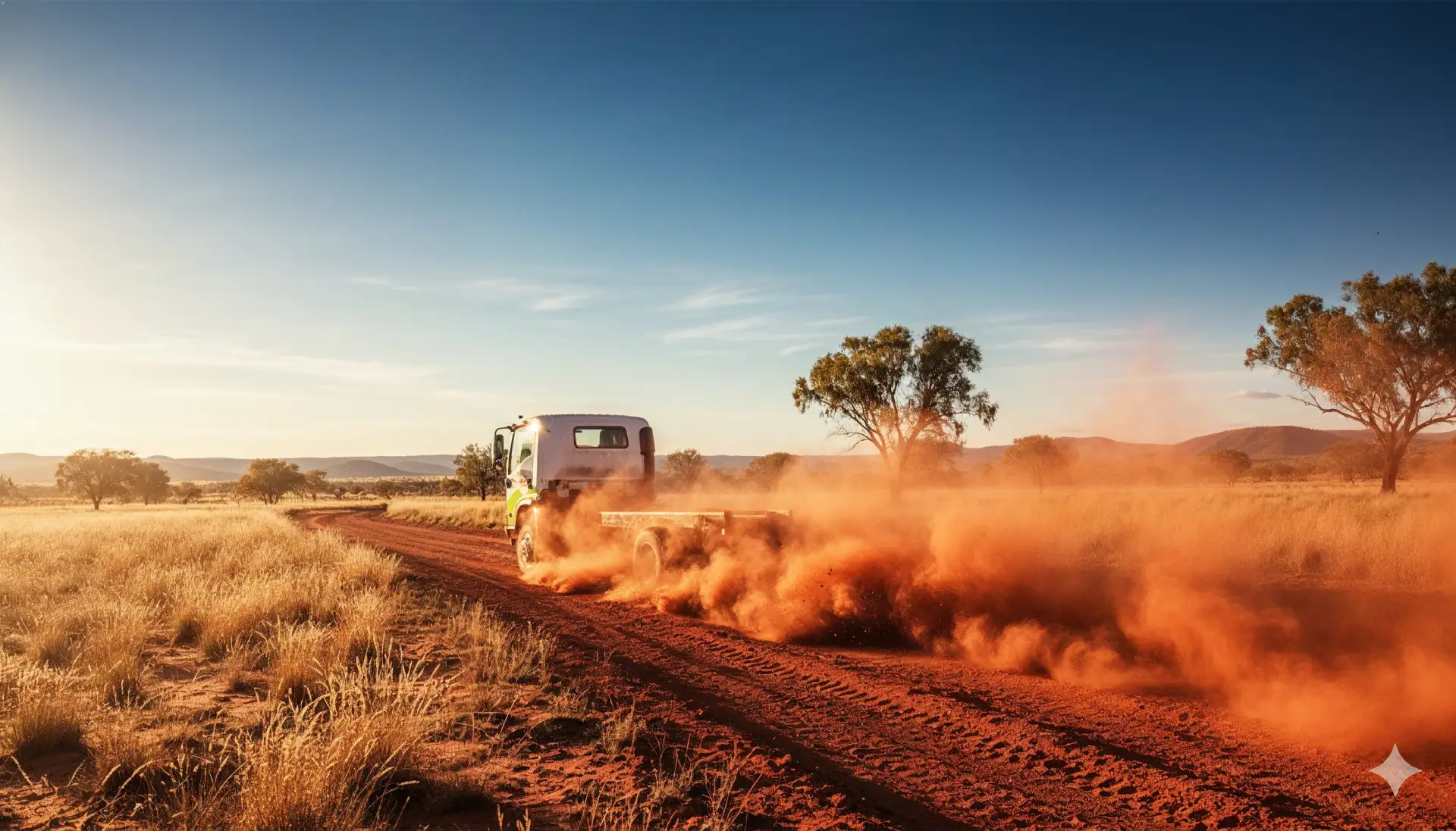 truck creating dust cloud as it drives away